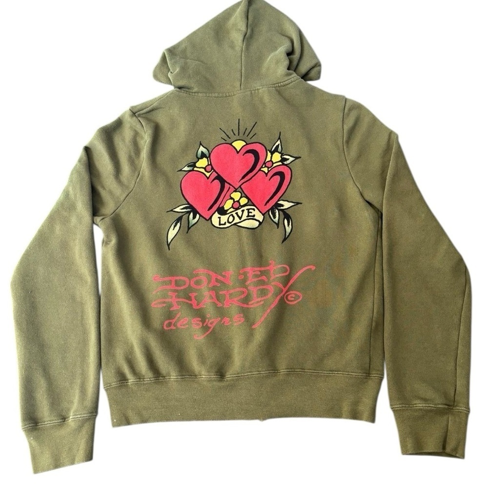 Ed Hardy Olive Zip Hoodie LOVE Heart Graphic Y2K Sweatshirt – Size L - Picture 2 of 5